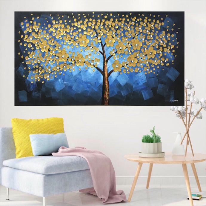 Handmade Oil Painting of Golden Tree with Blue Background on Stretched Canvas