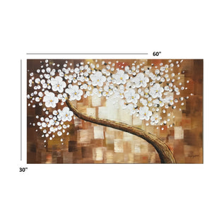 Handmade Oil Painting of Brown Background with White Flowers on Stretched Canvas