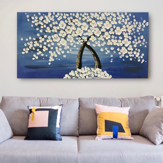 Handmade Oil Painting of Rustic Gold Flowers With Light Blue Background on Stretched Canvas
