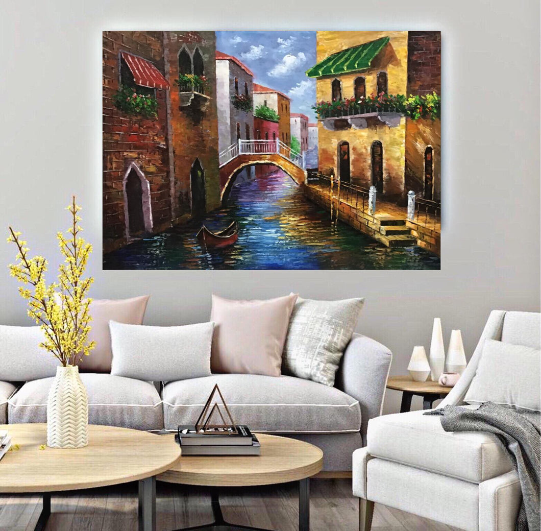 Large Handmade Oil Painting of Venice City on Stretched Canvas