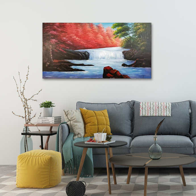 Handmade Oil Painting of Water Fall Landscape on Stretched Canvas