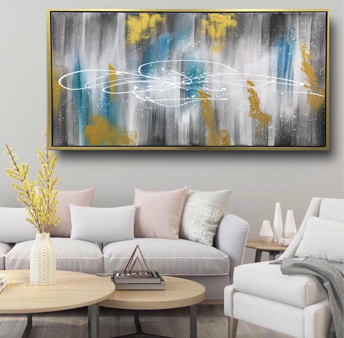 Abstract Handmade Oil Painting on Stretched Canvas with Extra Gold Floating Frame