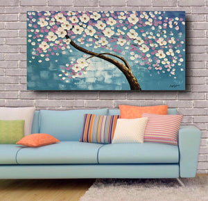 Handmade Oil Painting of White & Pink Flowers with Light Teal Background on Stretched Canvas
