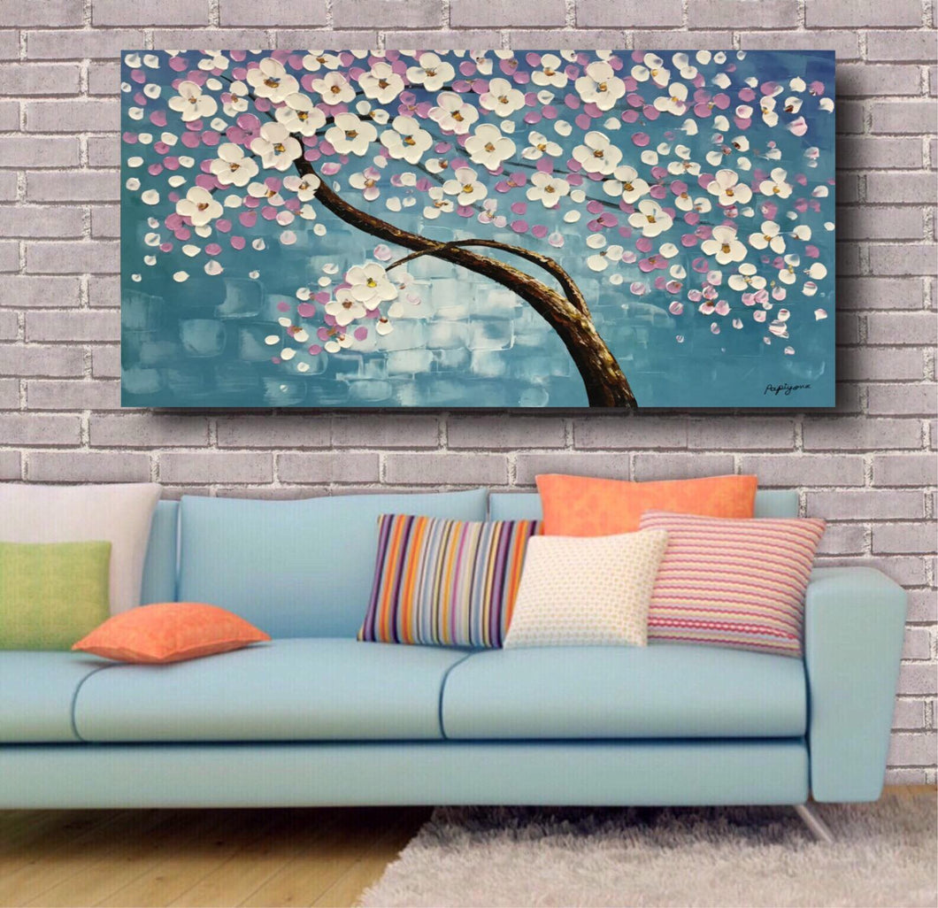 Handmade Oil Painting of White & Pink Flowers with Light Teal Background on Stretched Canvas