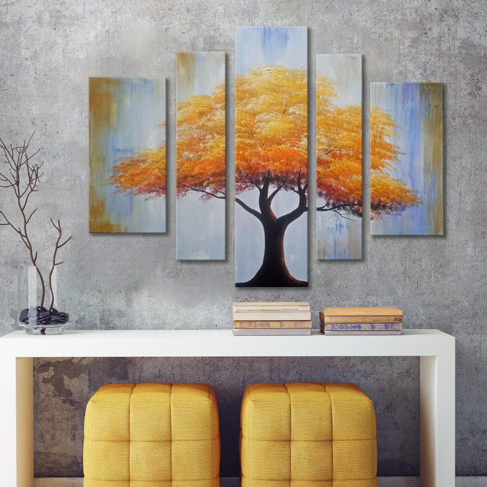 Handmade Oil Painting on Stretched Canvas of a Big Yellow Tree in Group