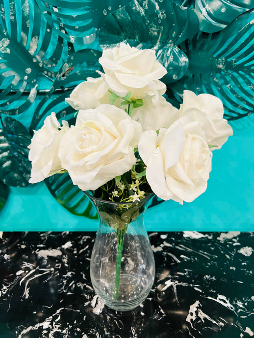 Flower Bunch Flowers Bouquet White Velvet Roses 7 Heads Flower Roses Vase Home Decor Table Top Centre Piece Flower in WHITE Colour with Stem