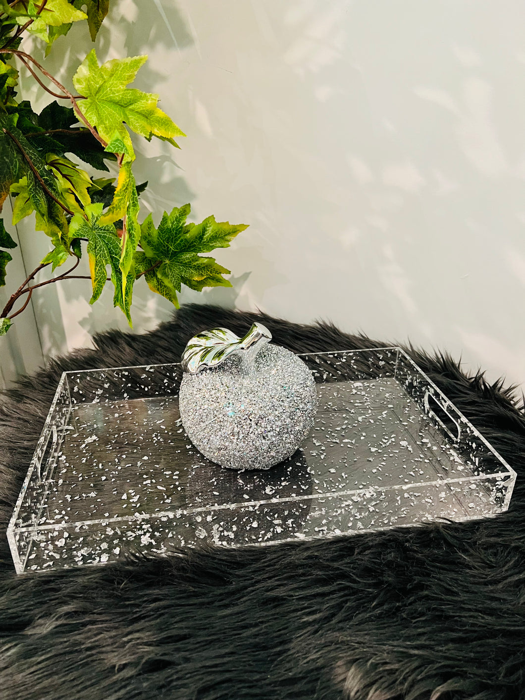 Service Tray Silver Rectangular Acrylic  with Silver Textures