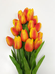 1-piece Tulip Flower Artificial PU Leather ORANGE WITH YELLOW Tulip Stem – 13” Realistic Faux Flower with Green Leaves – Real Touch and Look Decorative Single Tulip for Home, Office, or Event Arrangements