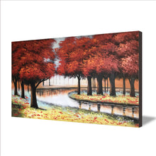 Handmade Oil Painting of River and Red Tree on Stretched Canvas