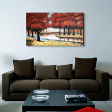 Huge Handmade Oil Painting of River and Red Tree on Stretched Canvas